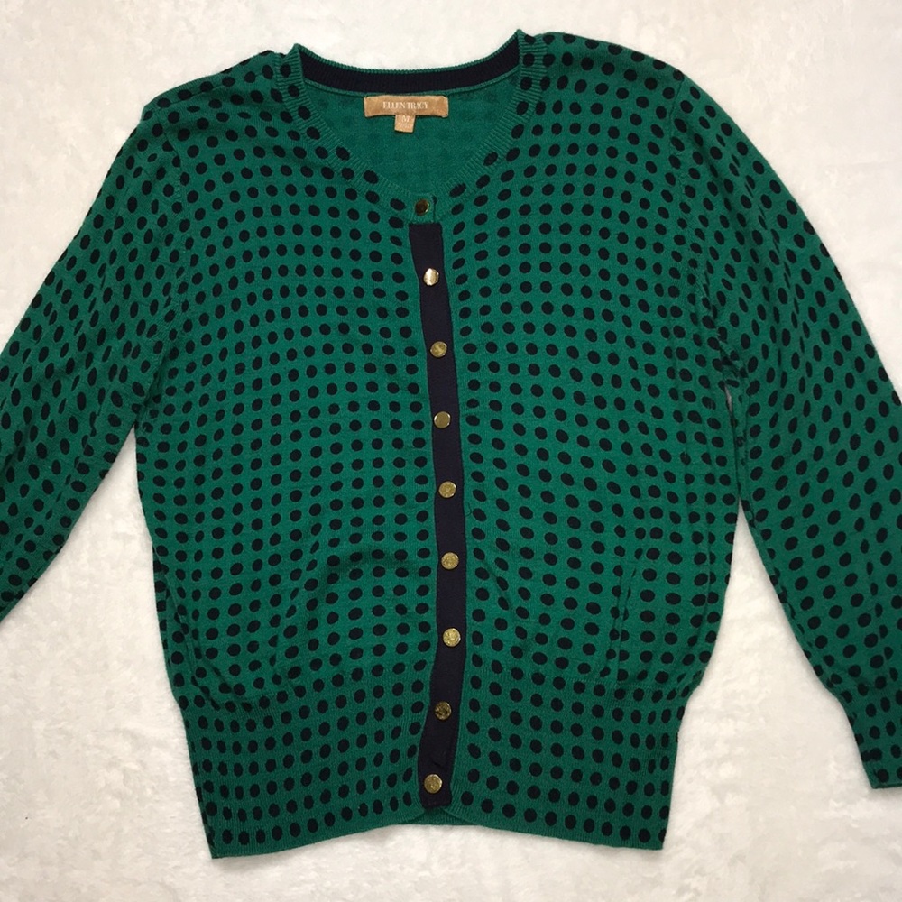 Polka dot cardigan sweater.